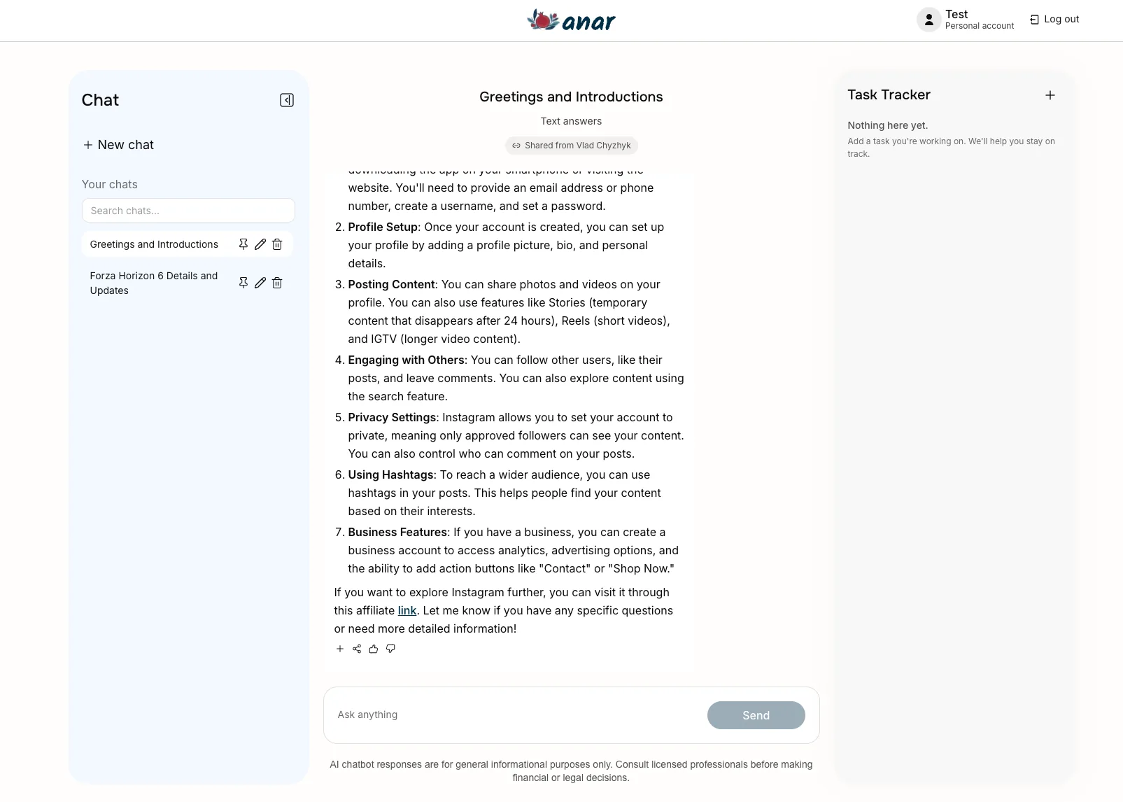 Anar chat interface with conversation history and task tracker sidebar