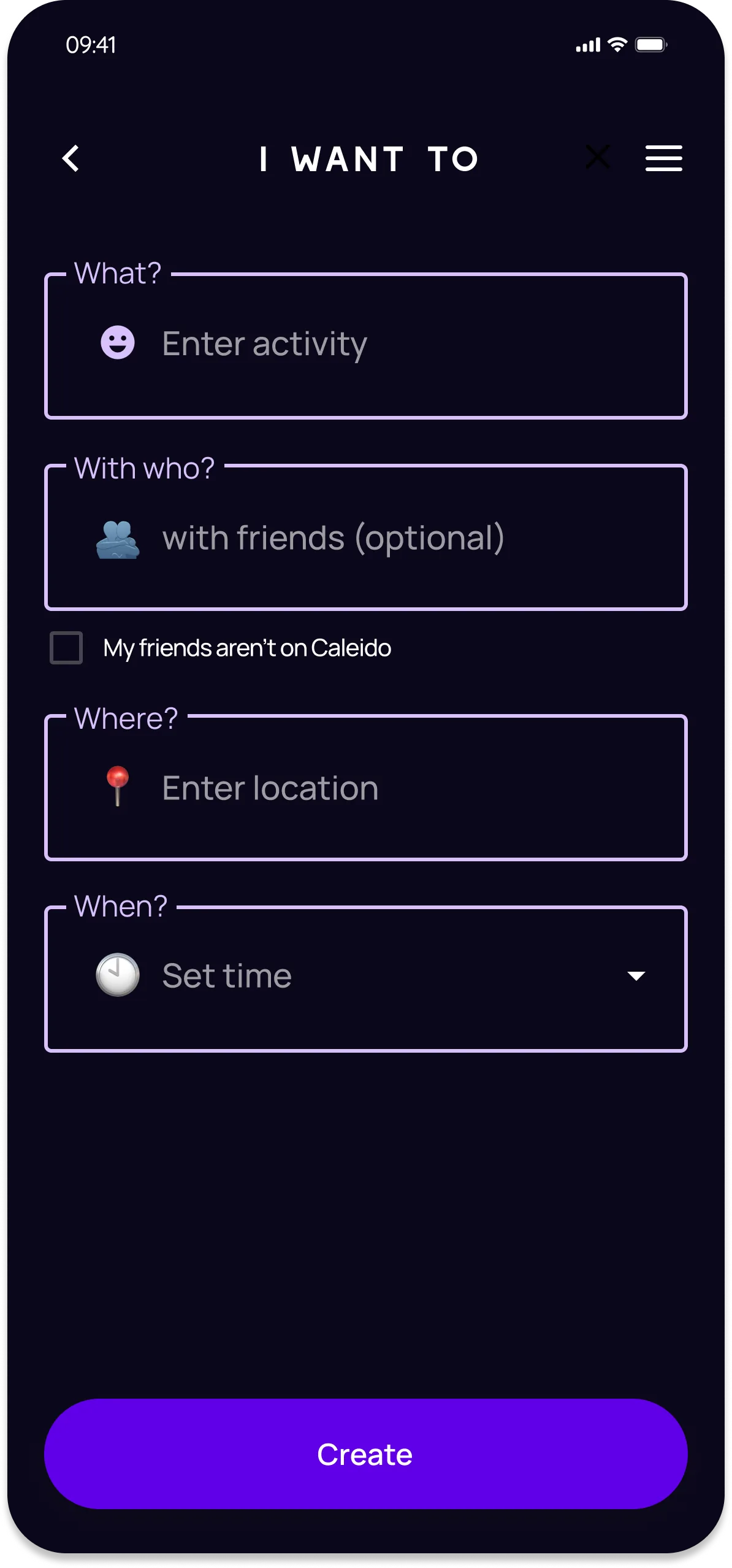 Calido event creation flow with activity, attendees, location and time fields