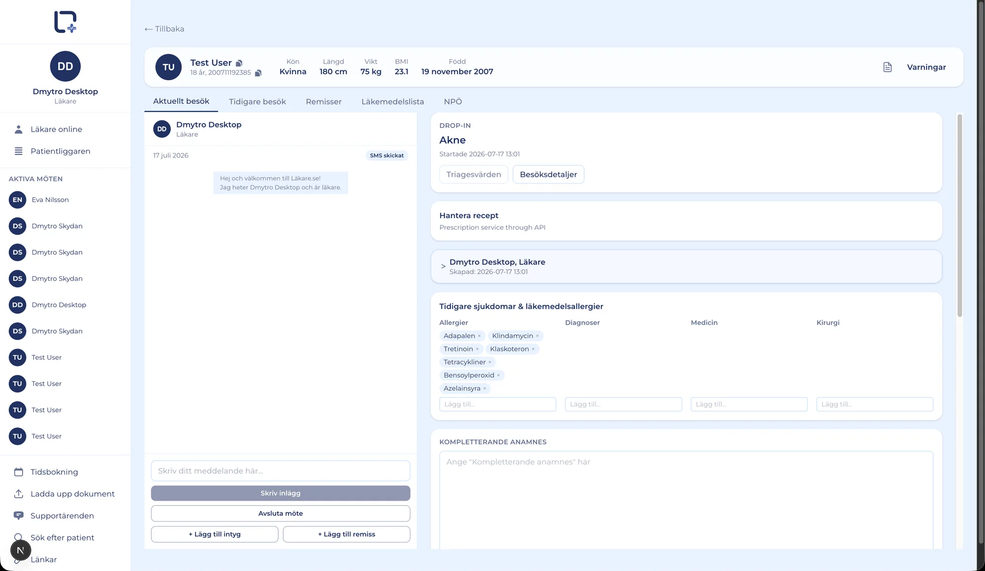 Läkare consultation view — patient header with vitals, a doctor–patient chat panel, and a clinical journal with allergies, diagnoses, medications and anamnesis, plus add-certificate and add-referral actions